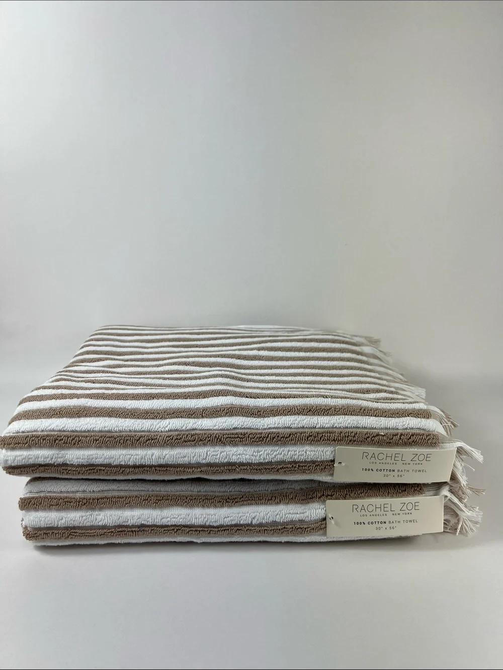Rachel Zoe Bath Towel Set Tan White Striped with Fringe Soft Cotton 2 Pc NEW